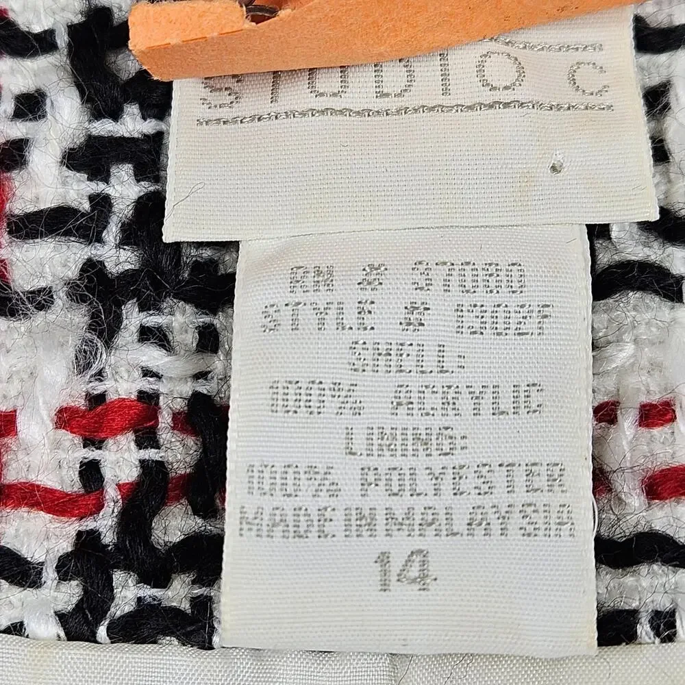 Studio C Tweed Plaid Short Blazer Jacket Ivory Black Red Frayed Trim‎ Lined 14